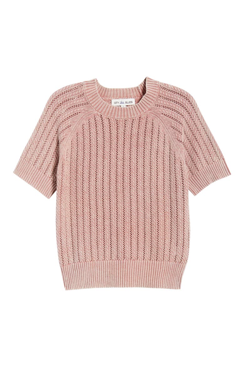 Washed Openwork Knit Rib Short Sleeve Sweater, Alternate, color, CONCH