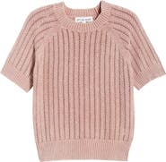 CITY BLUES Washed Openwork Knit Rib Short Sleeve Sweater