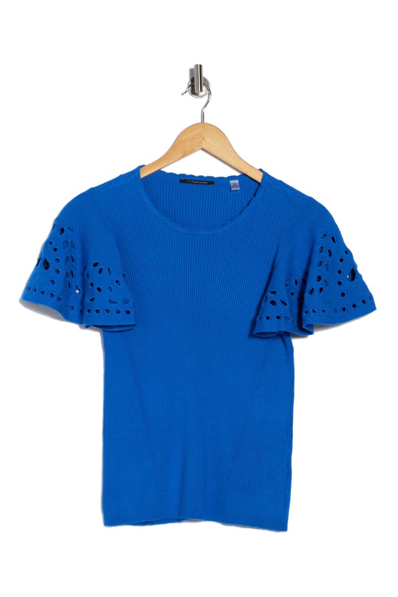 Embroidered Eyelet Short Sleeve Sweater, Alternate, color, BLUE BLISS