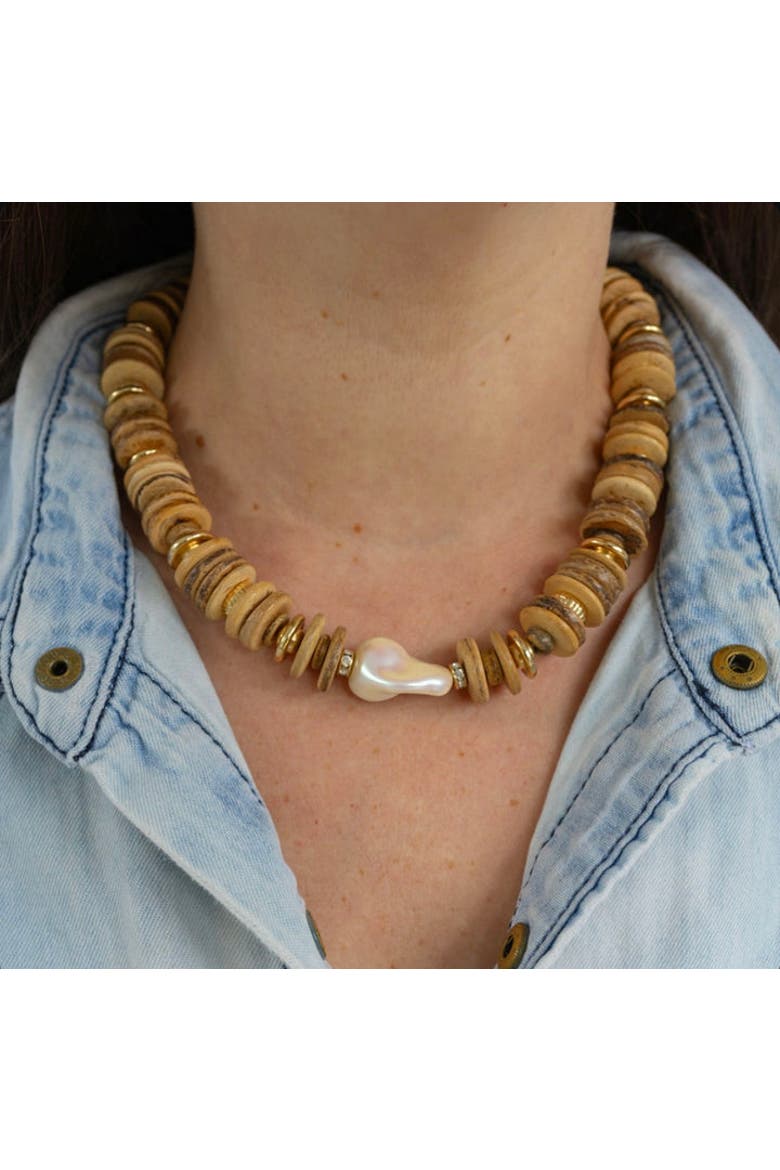 Raw Coconut Wood & Pearl Necklace, Alternate, color, Brown