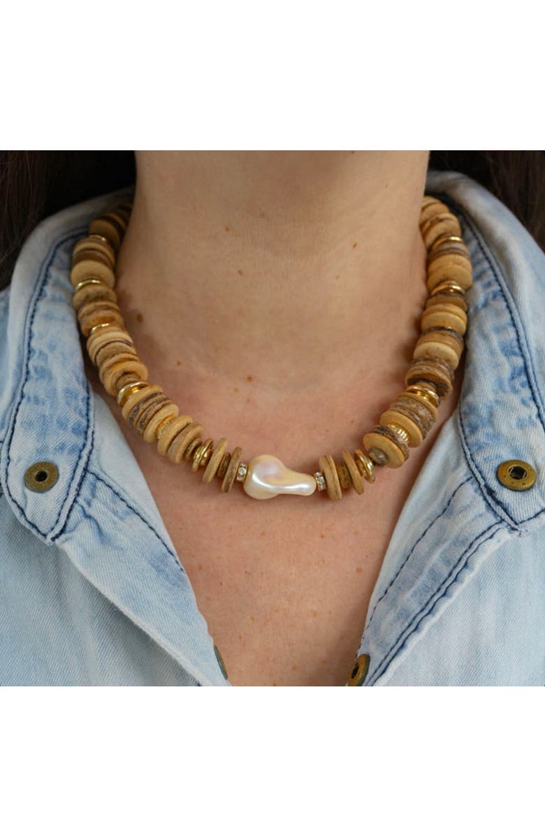 Erin McDermott Jewelry Raw Coconut Wood & Pearl Necklace, Alternate, color, Brown