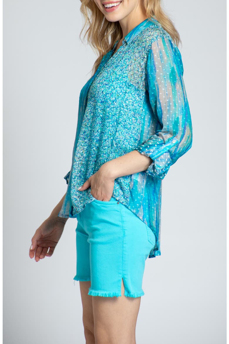 Print Roll-Up Sleeve Chiffon Button-Up Shirt, Alternate, color, TURQUOISE
