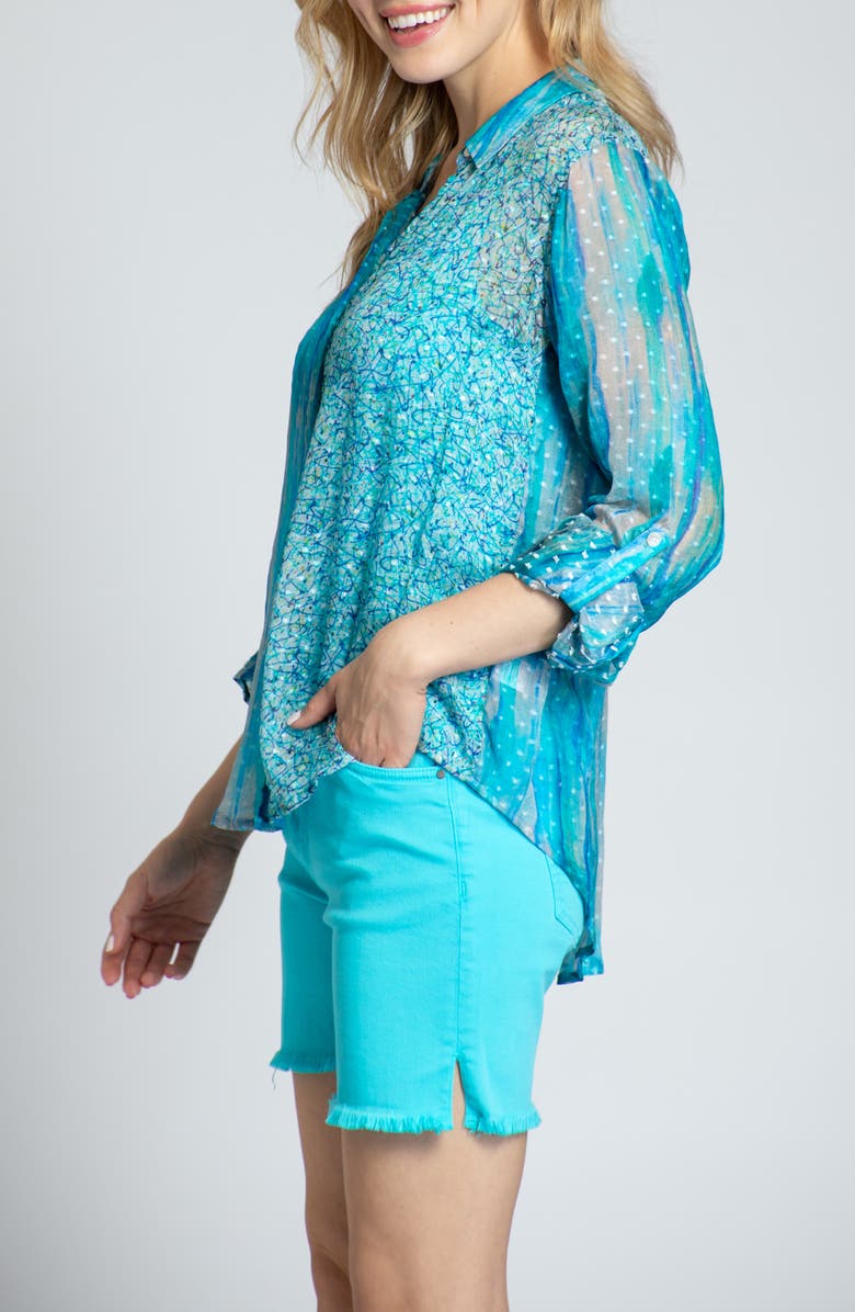 APNY Print Roll-Up Sleeve Chiffon Button-Up Shirt, Alternate, color, Turquoise