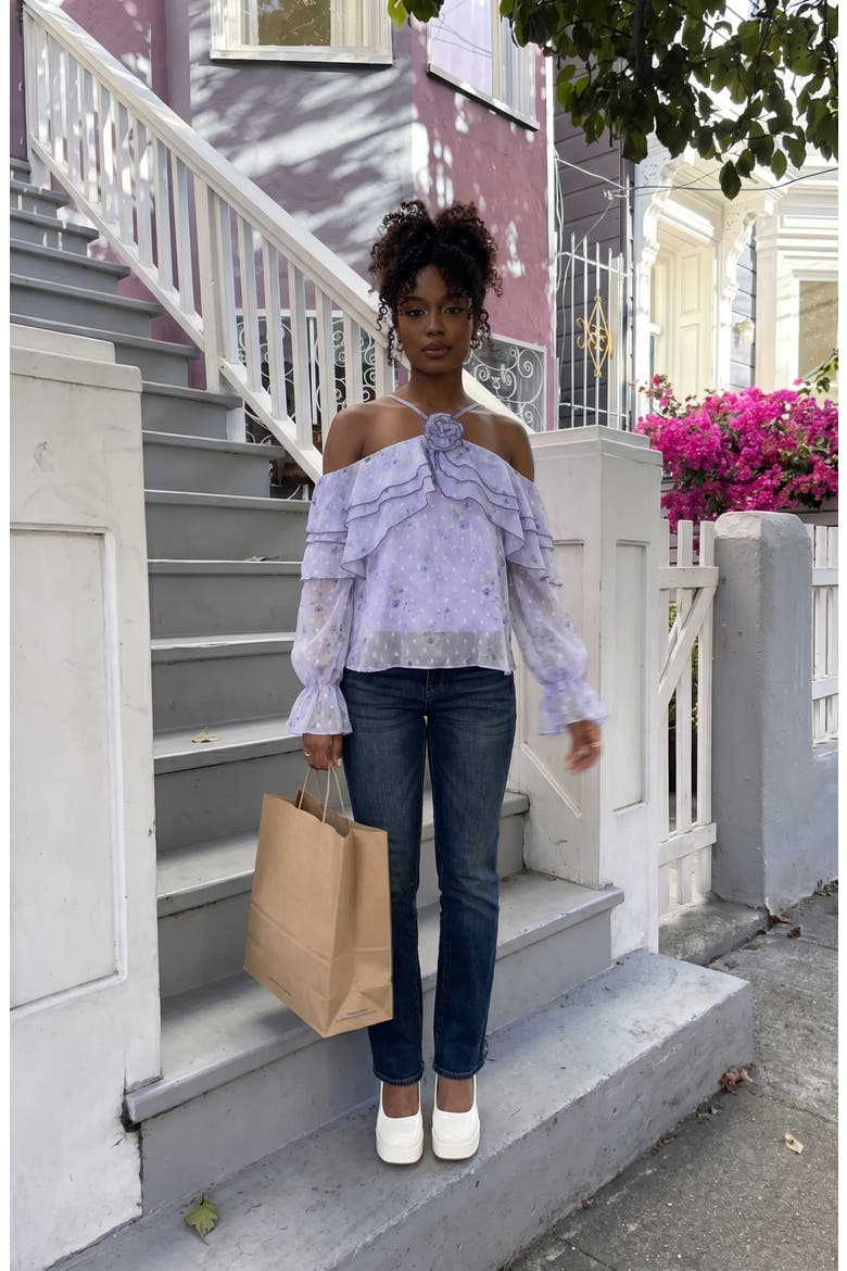 Sheer Floral Ruffle Top with Rosette Neck, Alternate, color, Lavender Floral