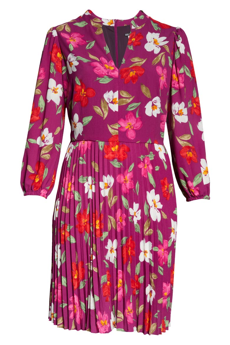 Floral Pleated Long Sleeve Fit & Flare Dress, Alternate, color, WINE/ RASPBERRY