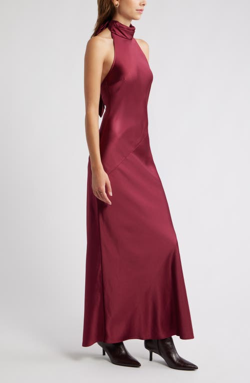 Open Edit Sleeveless Satin Halter Dress In Burgundy