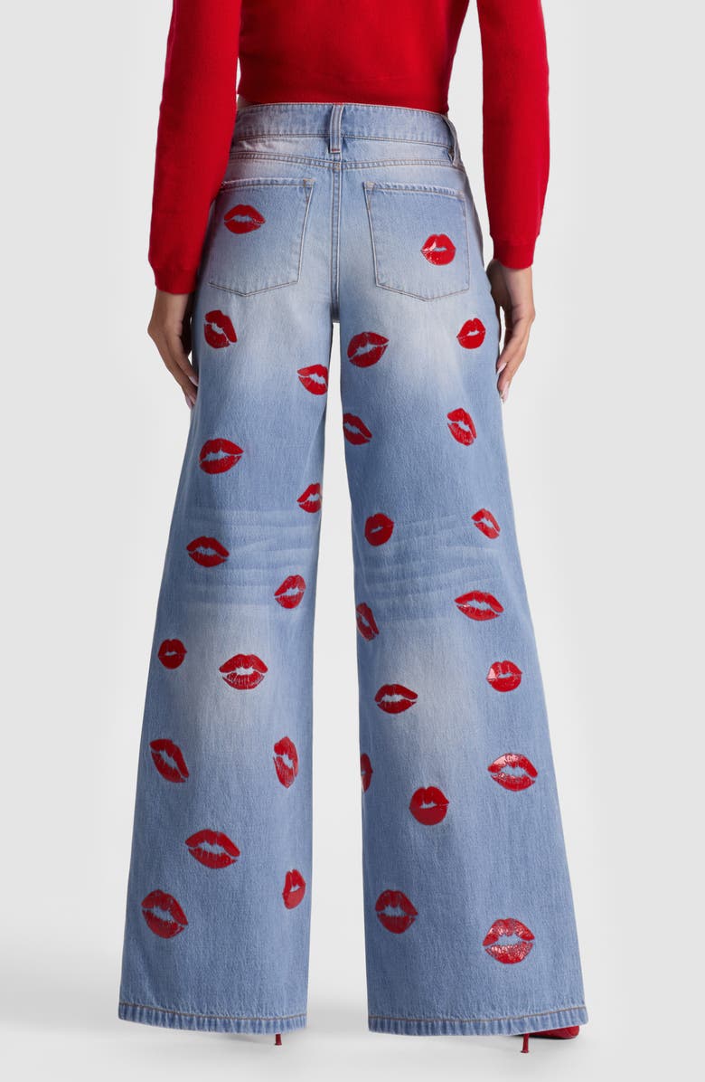 Alice + Olivia Amazing Kiss Print Wide Leg Jeans, Alternate, color, Denver Bright Blue