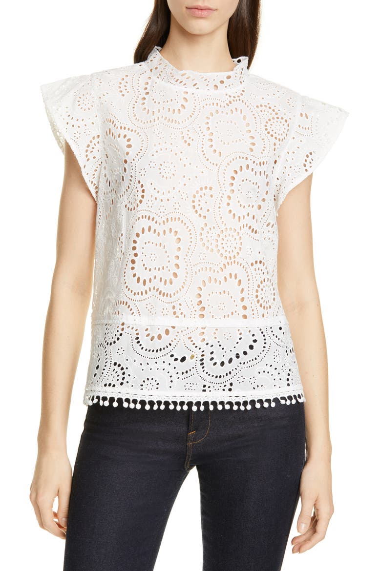 Embroidered Flutter Sleeve Top, Main, color, WHITE