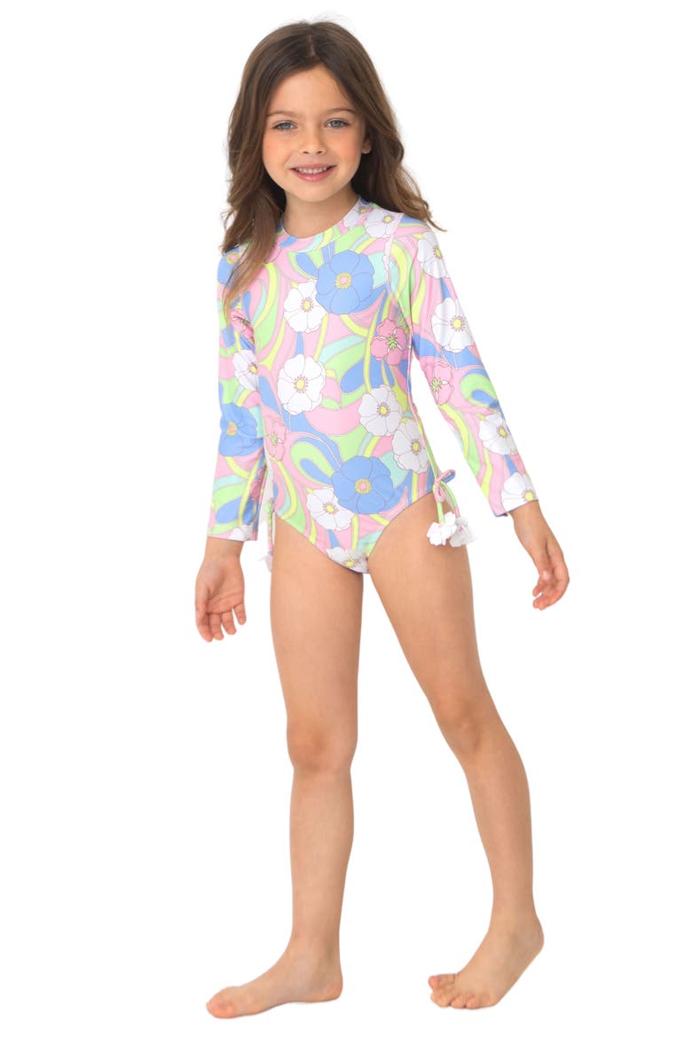 Shade Critters Groovy Daisy Long Sleeve One-Piece Rashguard Swimsuit, Alternate, color, Pink Multi