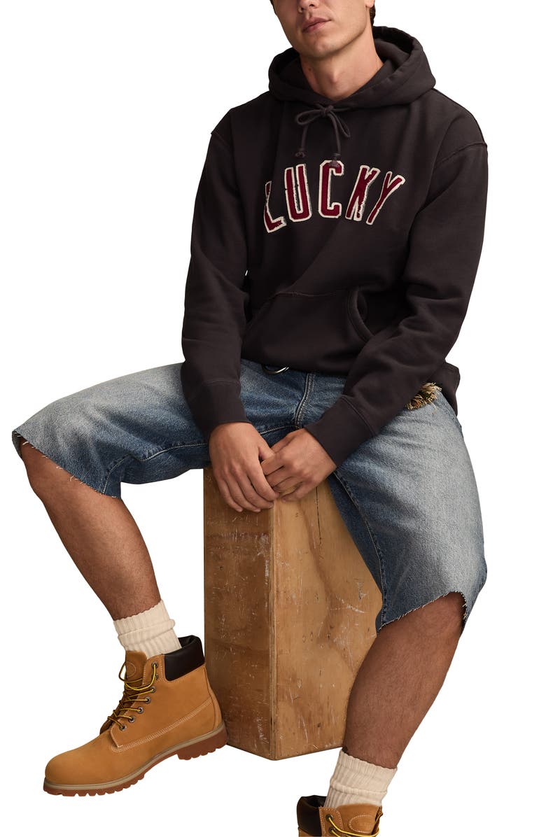 Lucky Brand Arch Logo Appliqué Hoodie, Alternate, color, Navy