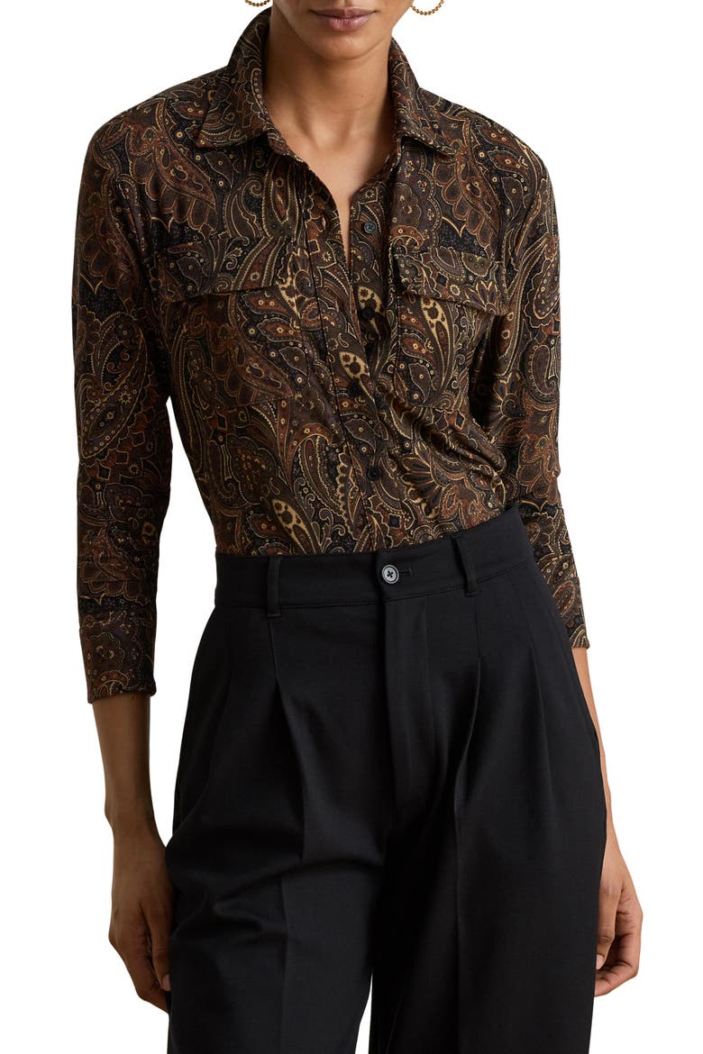 Paisley Stretch Jersey Button-Up Shirt, Main, color, BLACK/ MULTI