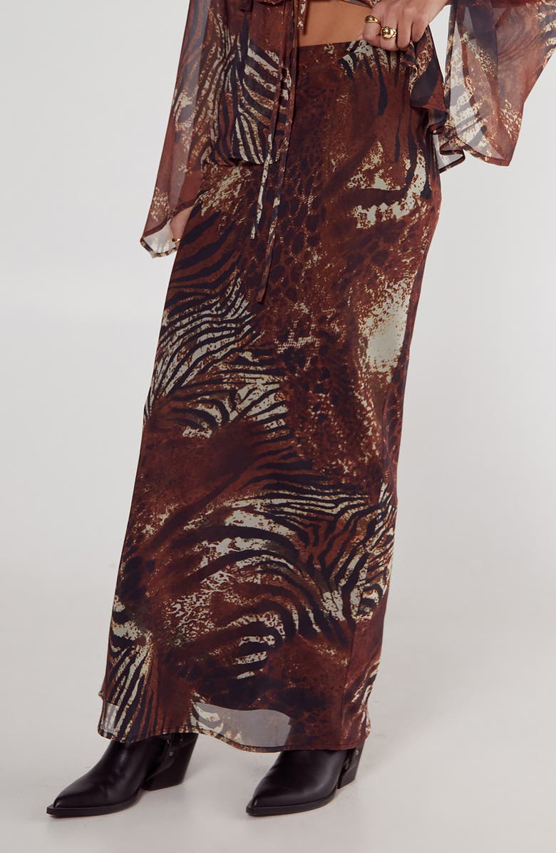 NASTY GAL Mixed Animal Print Crinkled Chiffon Maxi Skirt, Main, color, Tan