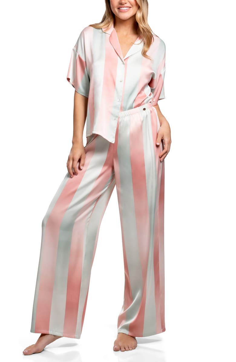 Midnight Bakery Ombré Stripe Button-Up Top & Pants Pajamas, Alternate, color, Mint