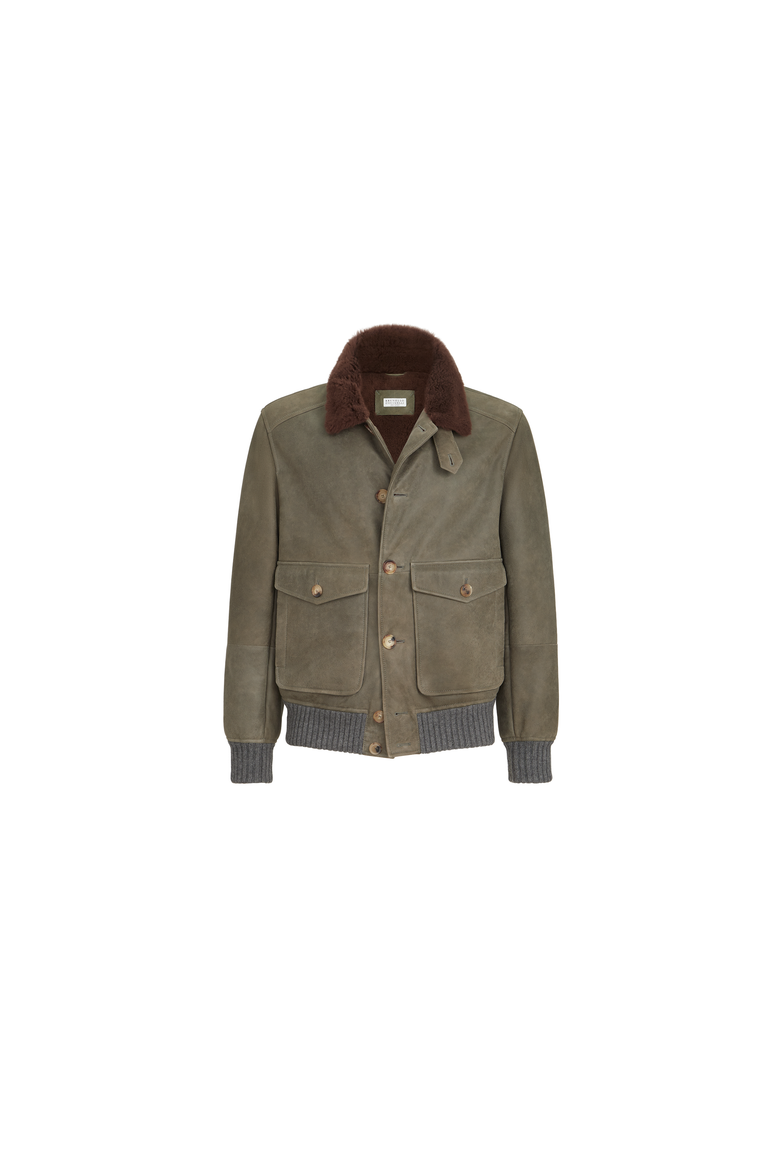 Waxed shearling bomber jacket with shearling collar, Alternate, color, Military