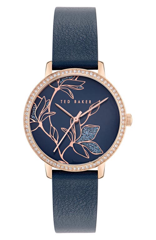 Ted Baker Floral Leather Strap Watch, 36mm In Blue