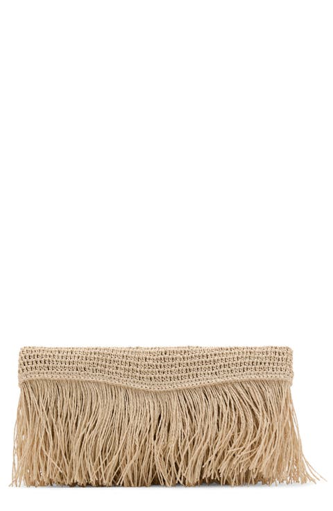 Natural Fiber Envelope Clutch with Fringe