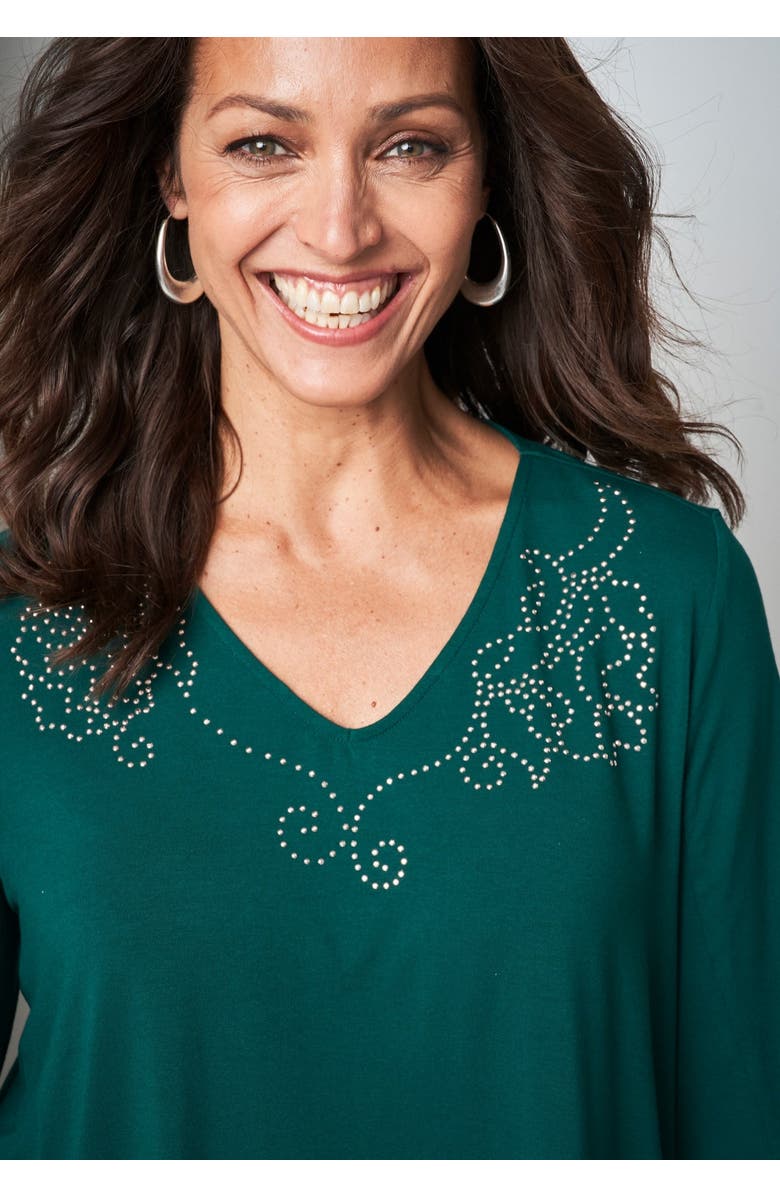 Jessica London V-Neck Embellished Tunic, Alternate, color, Black Floral Studs