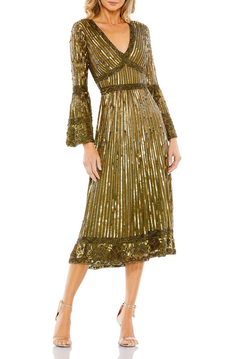 Mac Duggal Embellished 3/4 Sleeve V-Neck A-Line Dress, Main, color, 