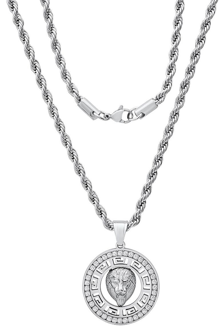 Men's Stainless Steel Simulated Diamond Lion Pendant Necklace, Alternate, color, SILVER
