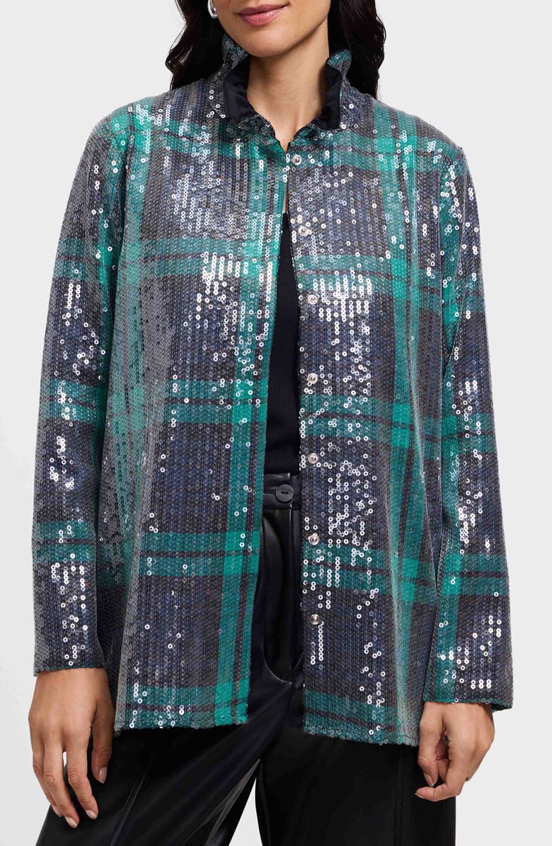 Foxcroft Carolina Plaid Sequin Shirt Jacket, Main, color, Navy Blue/ Multi