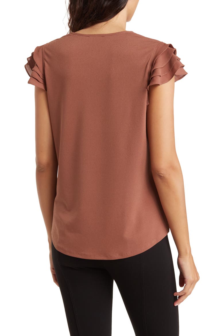 V-Neck Tiered Ruffle Sleeve Crepe Knit Top, Alternate, color, TOASTED GINGER
