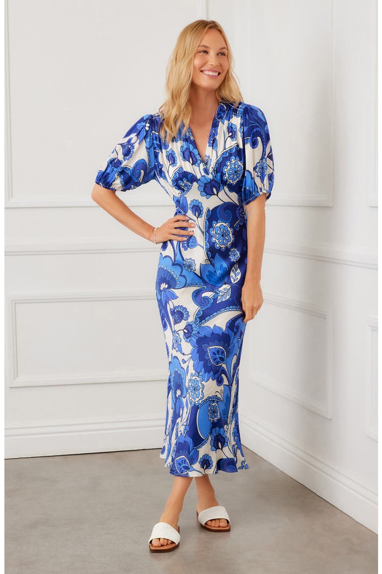Floral Puff Sleeve Bias Maxi Dress, Alternate, color, BLUE PRINT