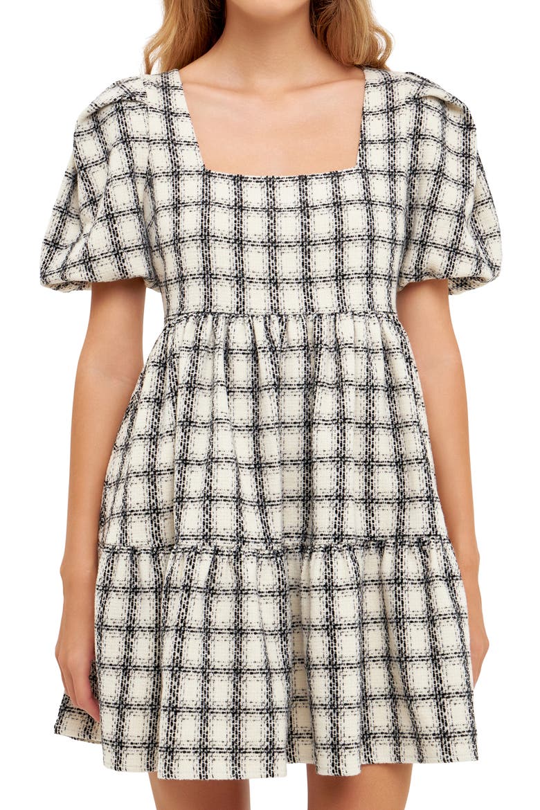 Gingham Puff Sleeve Tweed Minidress, Alternate, color, WHITE
