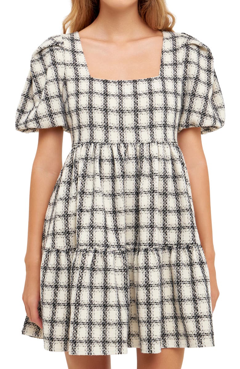 English Factory Gingham Puff Sleeve Tweed Minidress, Alternate, color, White