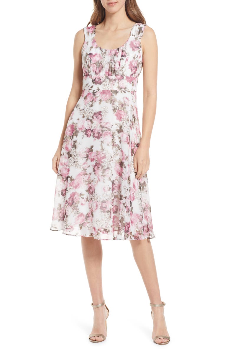 Connected Apparel Pleated Bodice Chiffon Dress, Main, color,