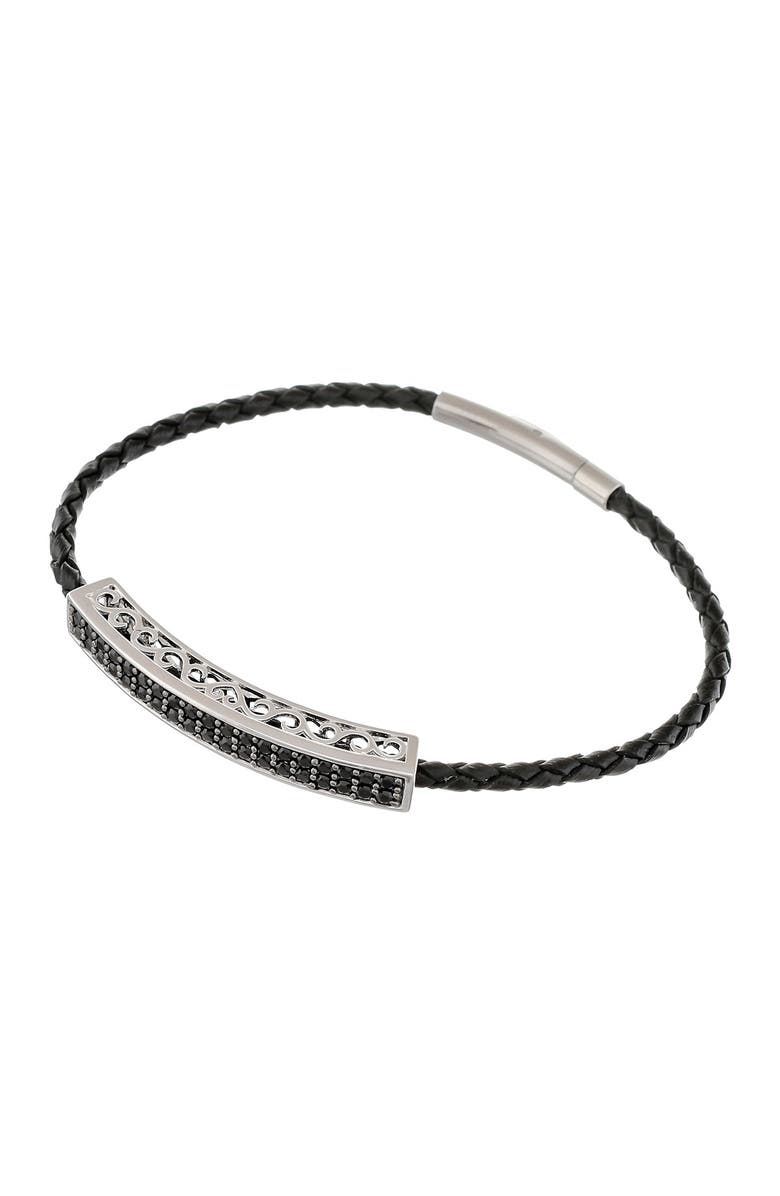 FOREVER CREATIONS USA INC Sterling Silver Black Spinel Braided Leather Bracelet, Main, color,