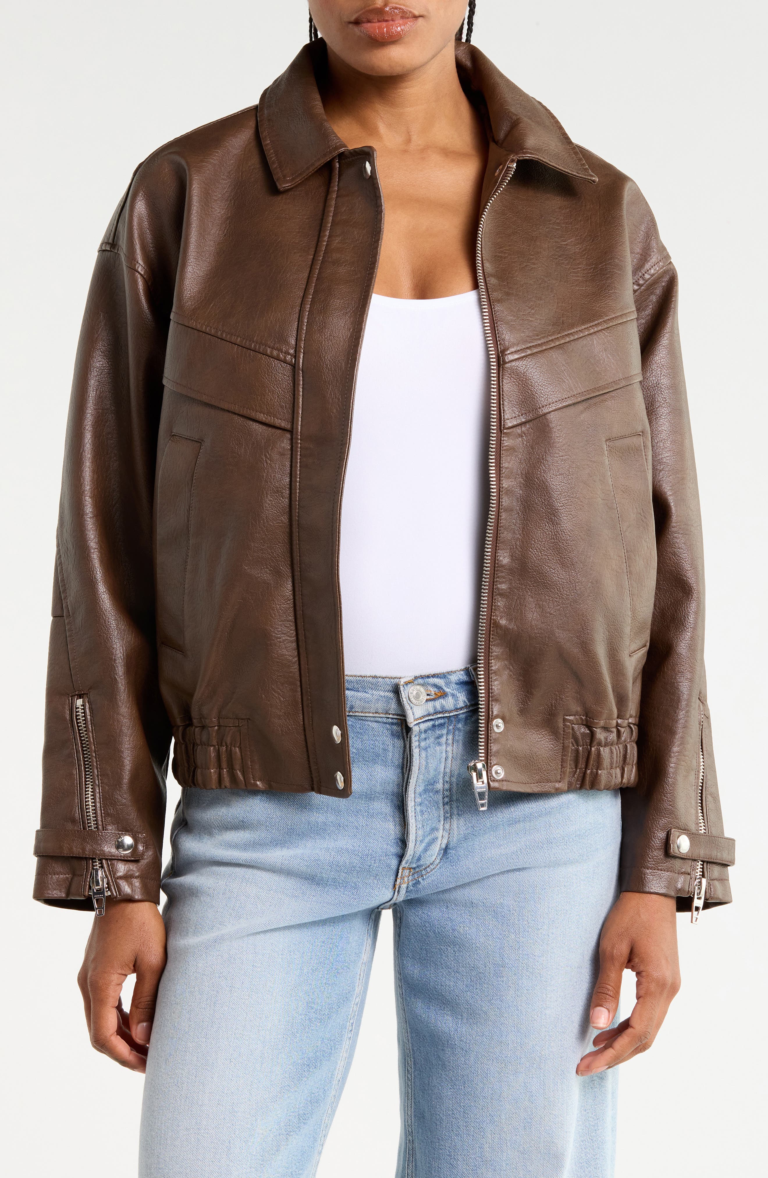Faux Leather Long Bomber Jacket