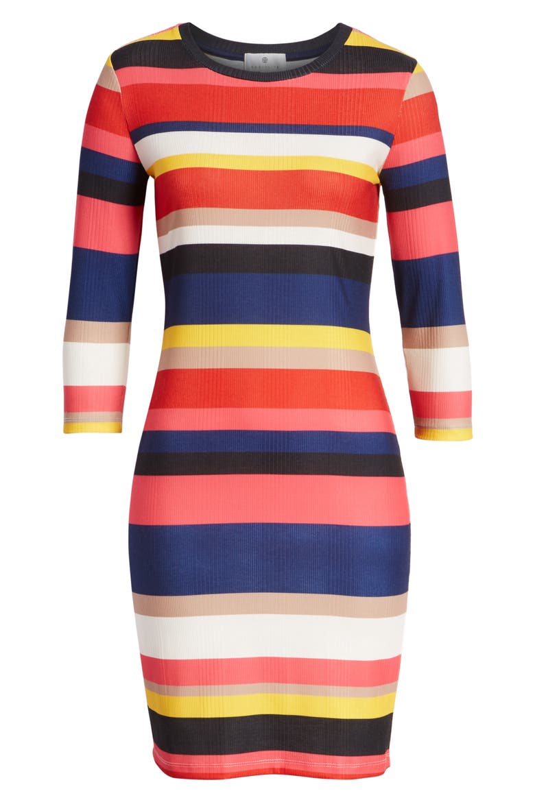 Rainbow Stripe Rib Knit Dress, Alternate, color, NAVY/ HOT PINK