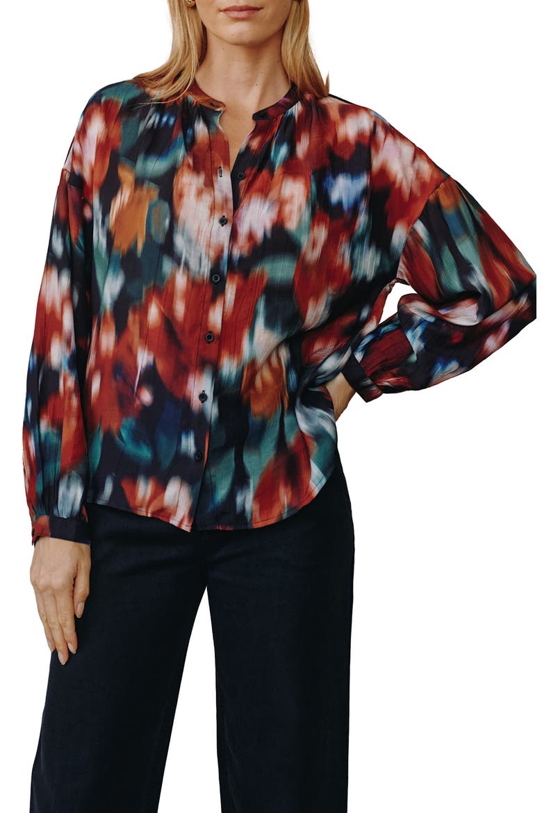 Split Neck Button Down Shirt, Main, color, BLURRED FLORAL PRINT