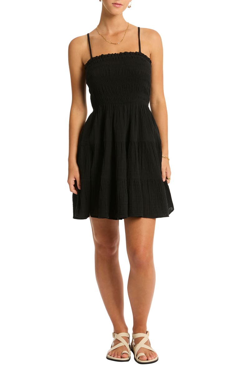 Sea Level Sunset Smocked Tiered Cover-Up Minidress, Main, color, Black
