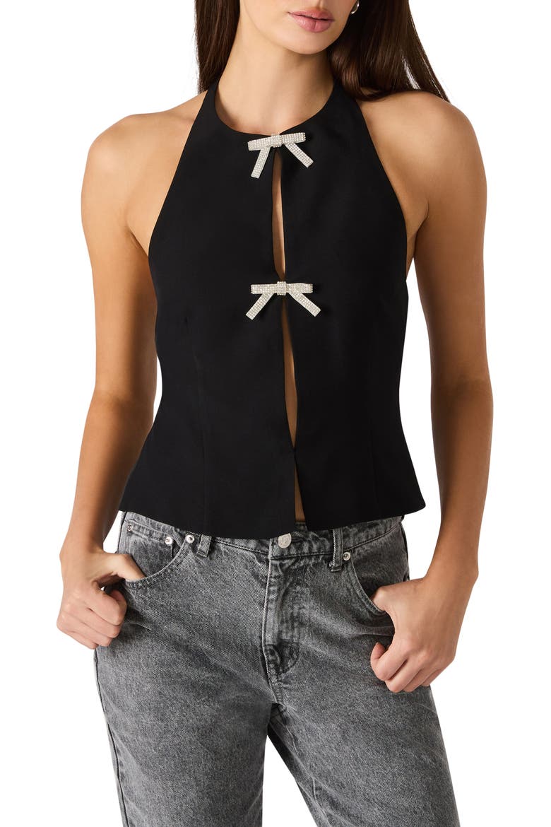 Juvia Crystal Bow Halter Top, Main, color, BLACK