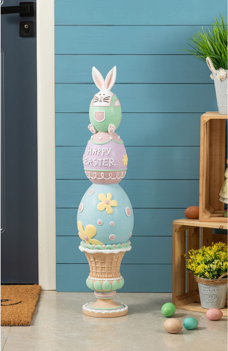 Glitzhome 30.5"H Easter Resin Stacked Egg & Bunny Porch Decor, Alternate, color, White