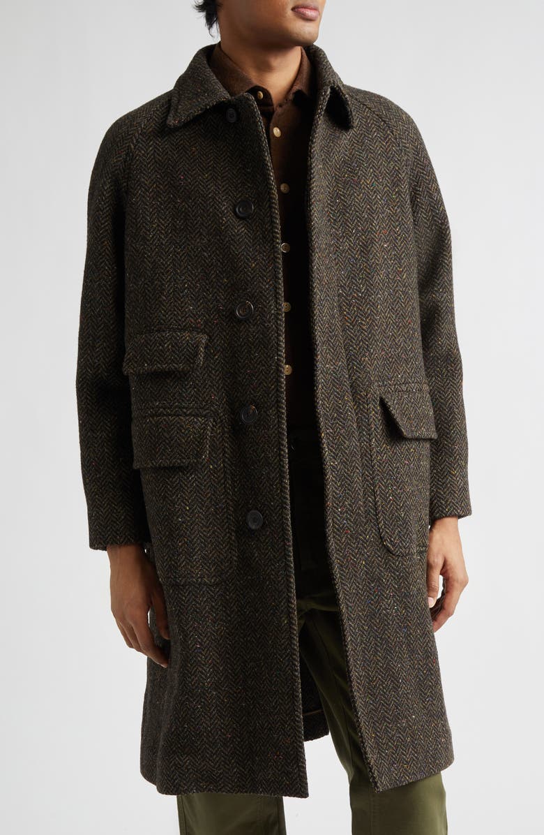 Drake's Wool Herringbone Tweed Overcoat, Main, color, Brown