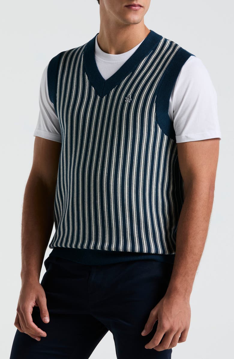 Original Penguin Slim Fit Vertical Stripe Sweater Vest, Main, color, Blue Wing Teal