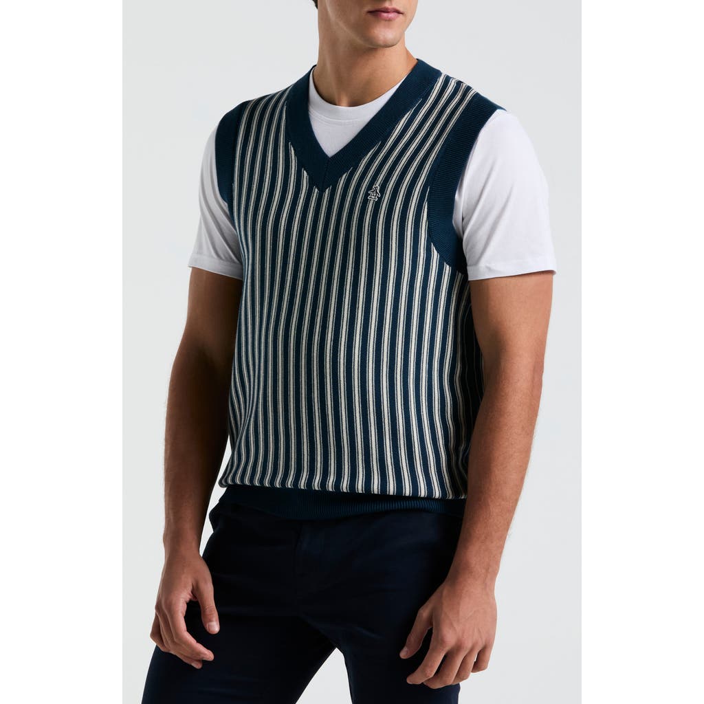 Original Penguin Slim Fit Vertical Stripe Sweater Vest In Blue Wing Teal