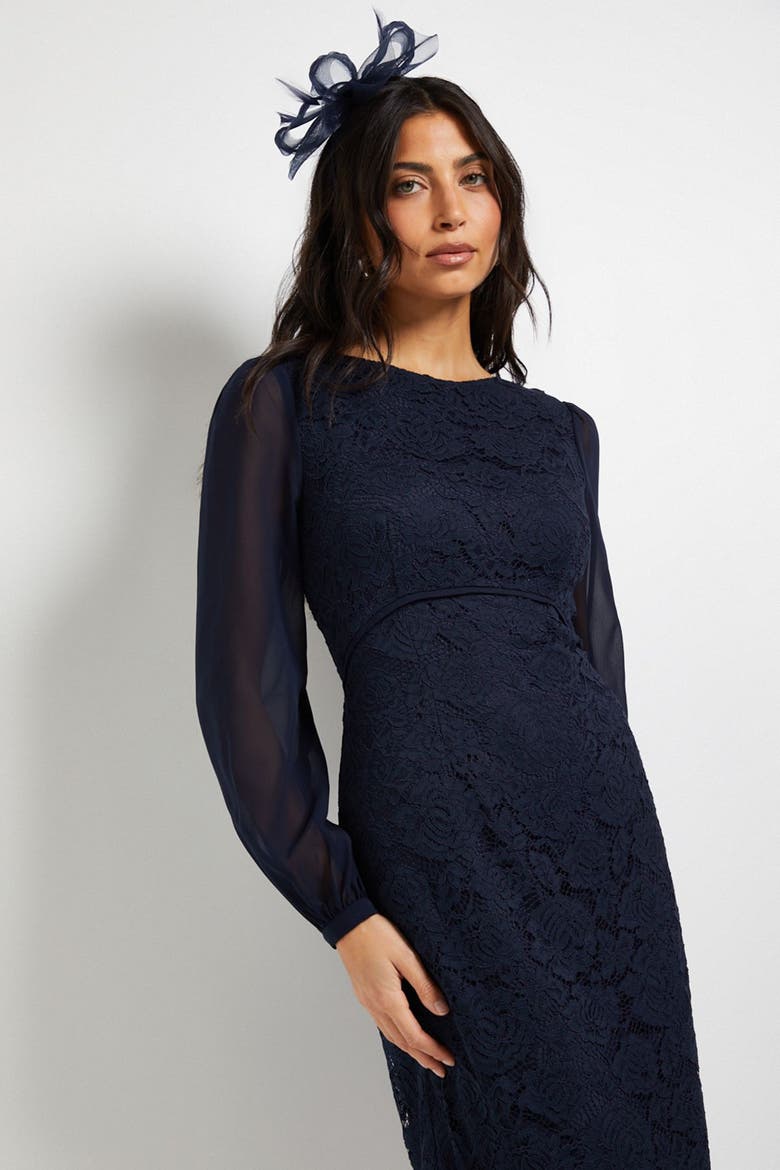 Lace Chiffon Cowl Back Pencil Dress, Alternate, color, Navy