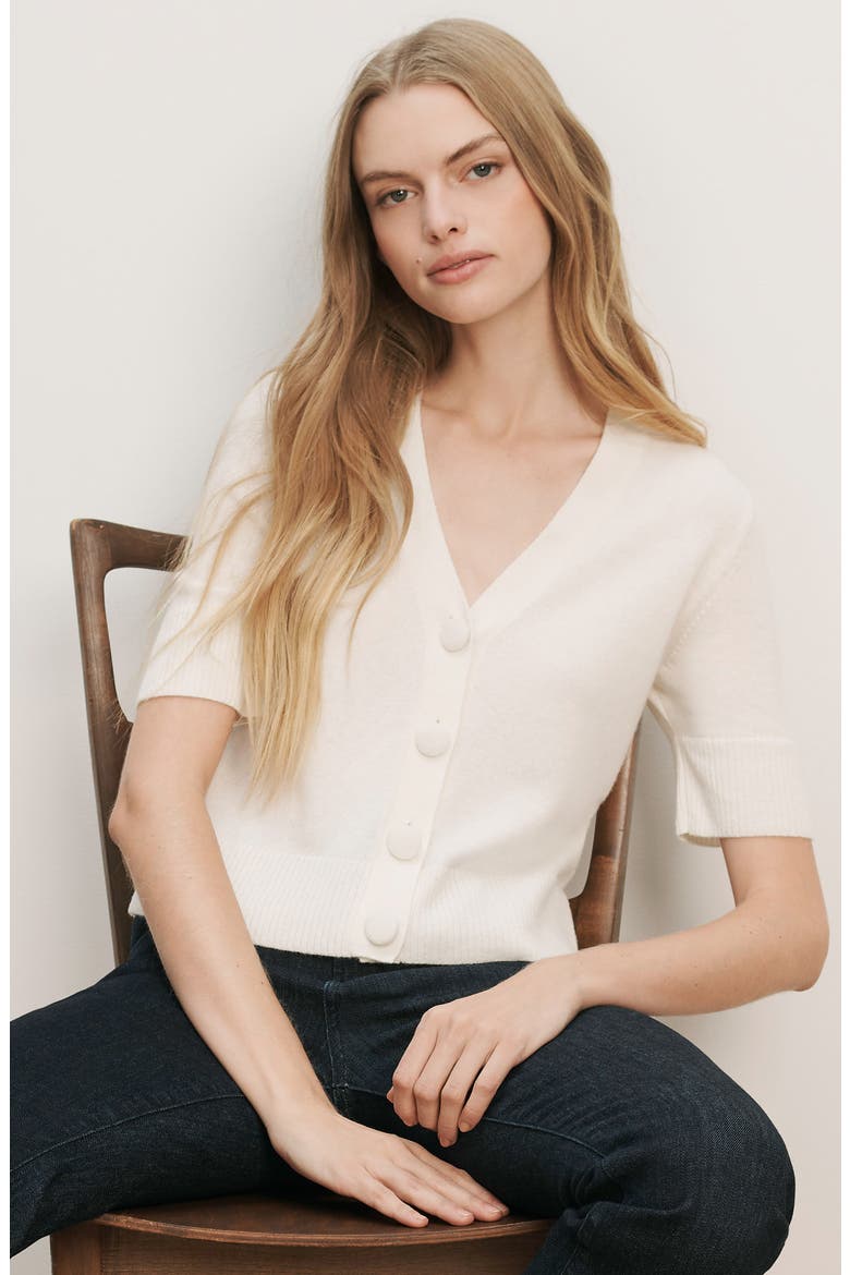 Solene Short Sleeve Cashmere Cardigan, Alternate, color, IVORY