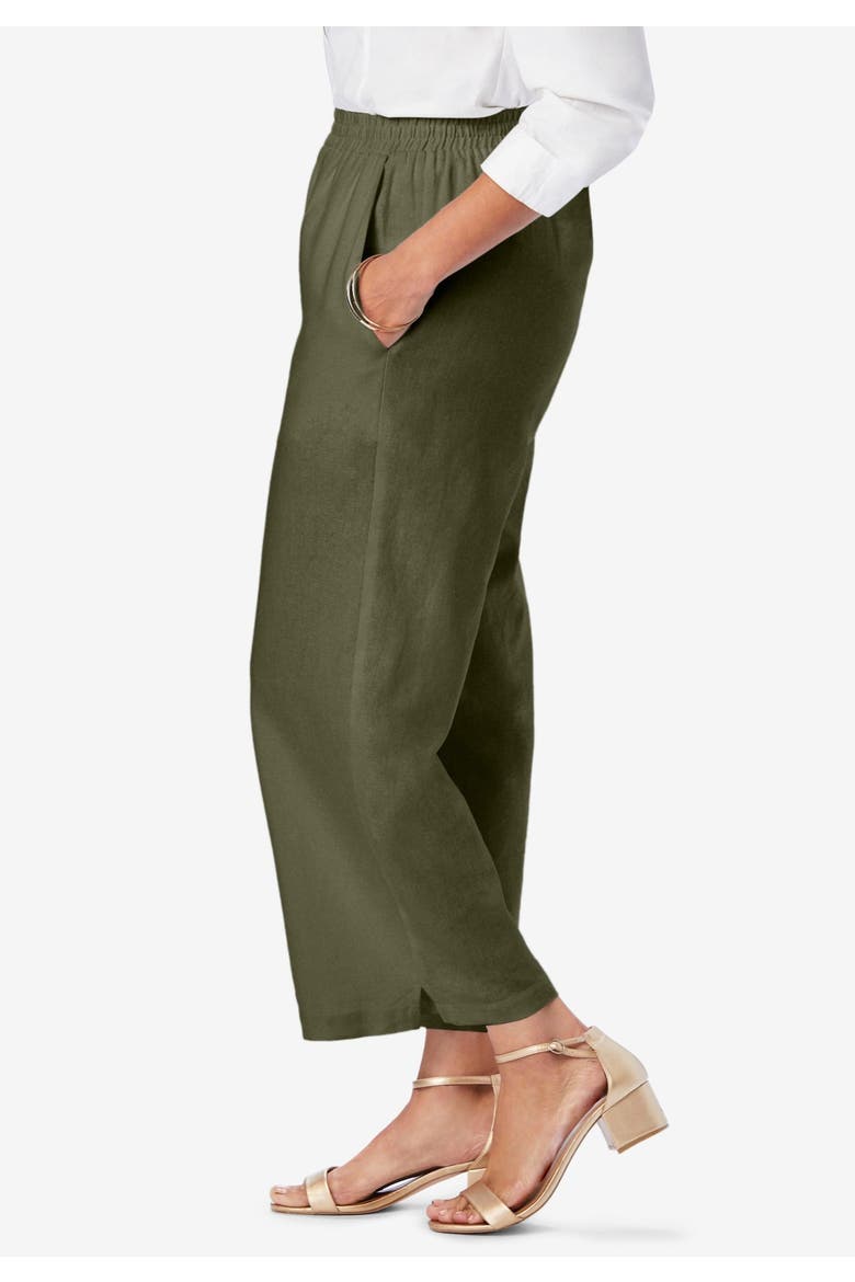 Wide Leg Linen Crop Pant, Alternate, color, DARK OLIVE GREEN