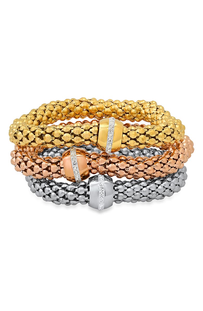 STEELTIME Tri-Tone Mesh Band Bracelets - Set of 3, Main, color, Tri Tone