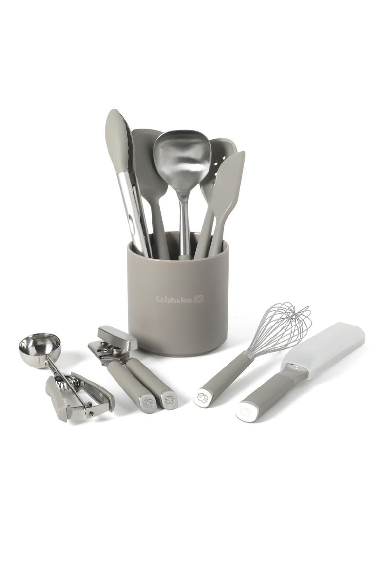 Edge Stainless Steel and Silicone Kitchen Utensil Set with Crock, Alternate, color, Taupe