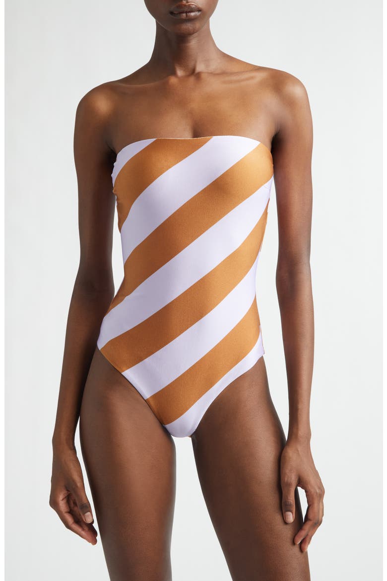 Indra Stripe One-Piece Bandeau Swimsuit, Main, color, LILAC TAN STRIPE