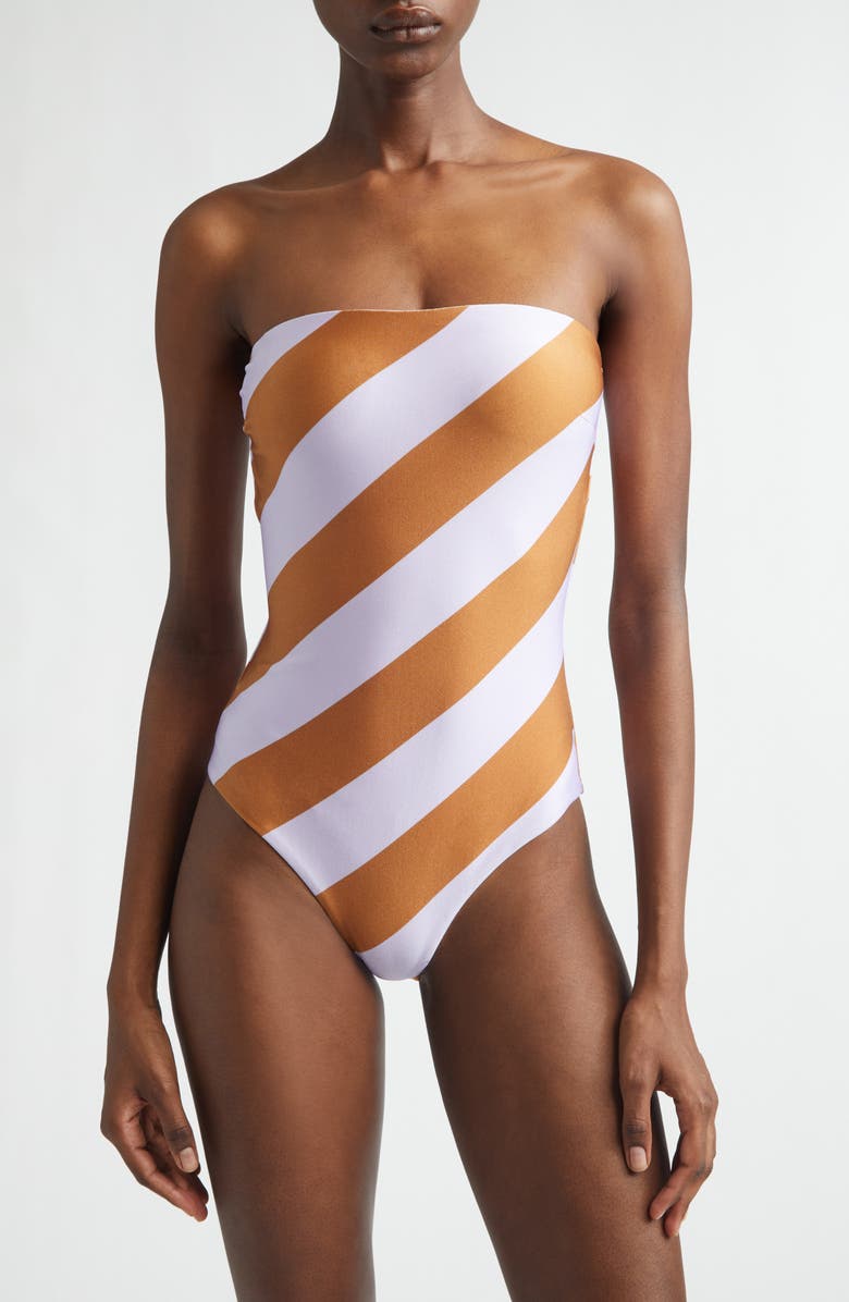 Zimmermann Indra Stripe One-Piece Bandeau Swimsuit, Main, color, Lilac Tan Stripe