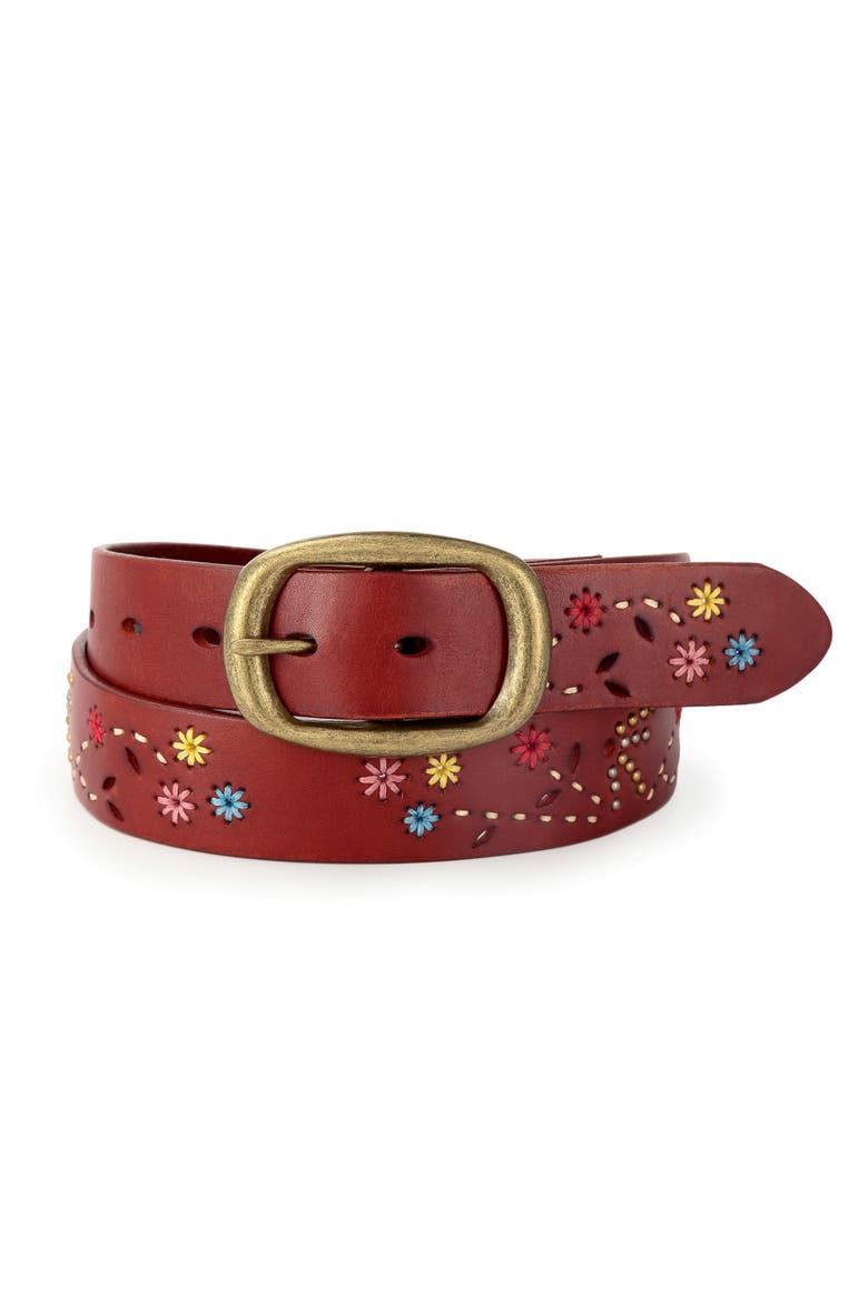 Blossom Hand Stitched Genuine Leather Belt, Main, color, Cognac