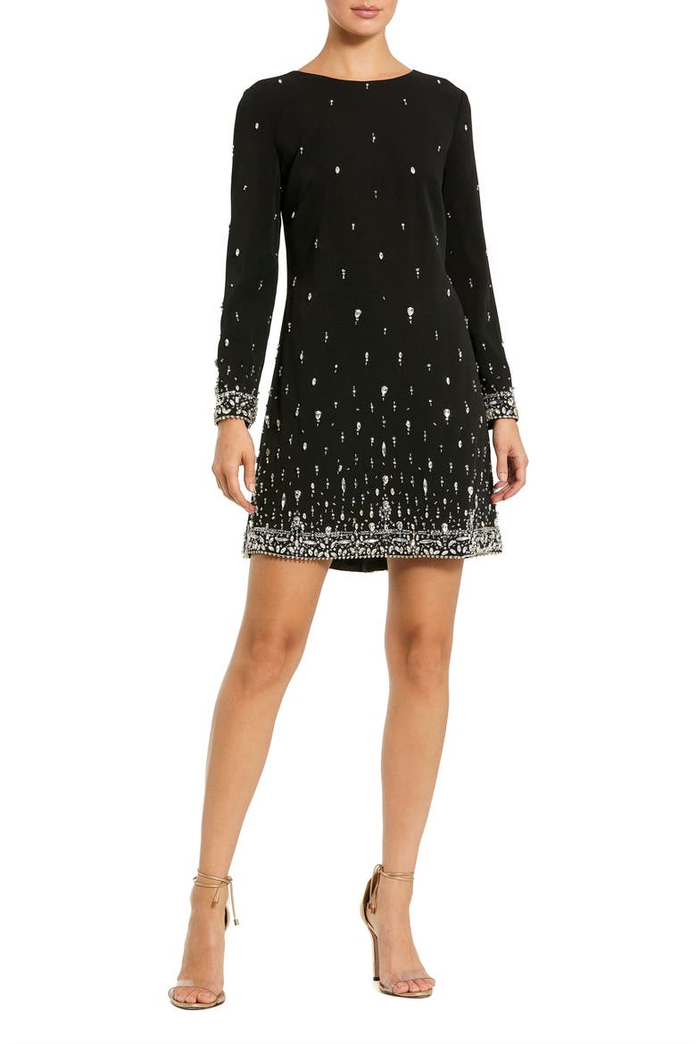 Embellished Crepe Long Sleeve Mini Dress, Main, color, Black