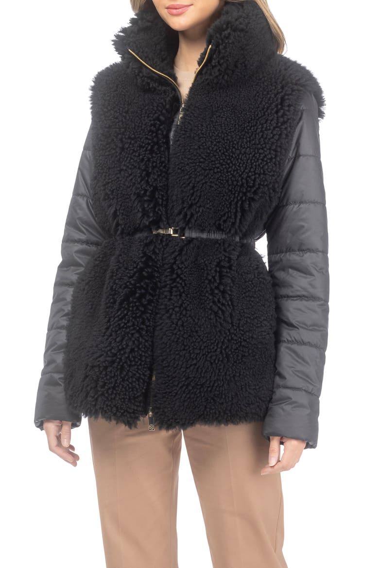 Genuine Shearling Jacket with Quilted Sleeves and Back, Belt, Main, color, Black