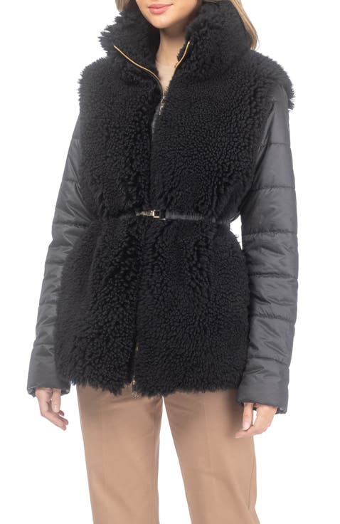 Genuine Shearling Jacket with Quilted Sleeves and Back, Belt